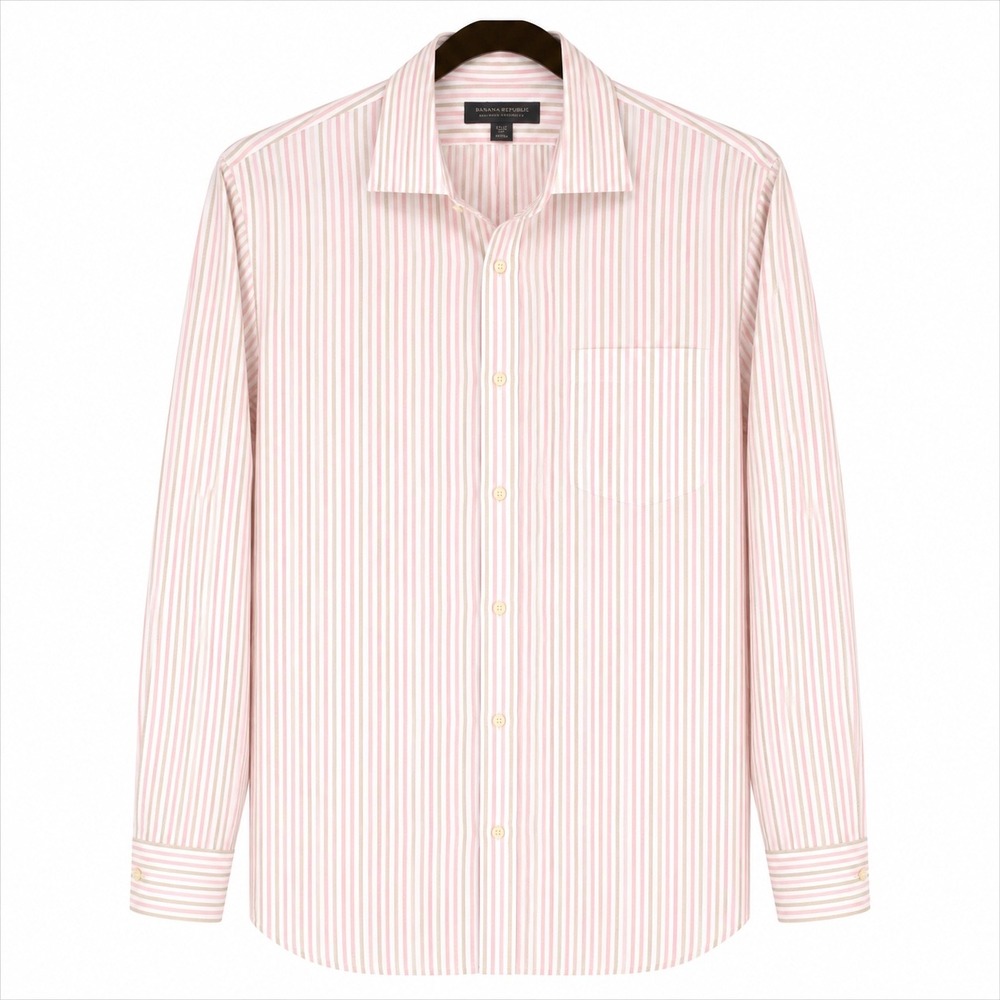 Banana Republic Men 16 16.5 L Non Iron Classic Fit Pink Tan Striped Shirt Cotton
